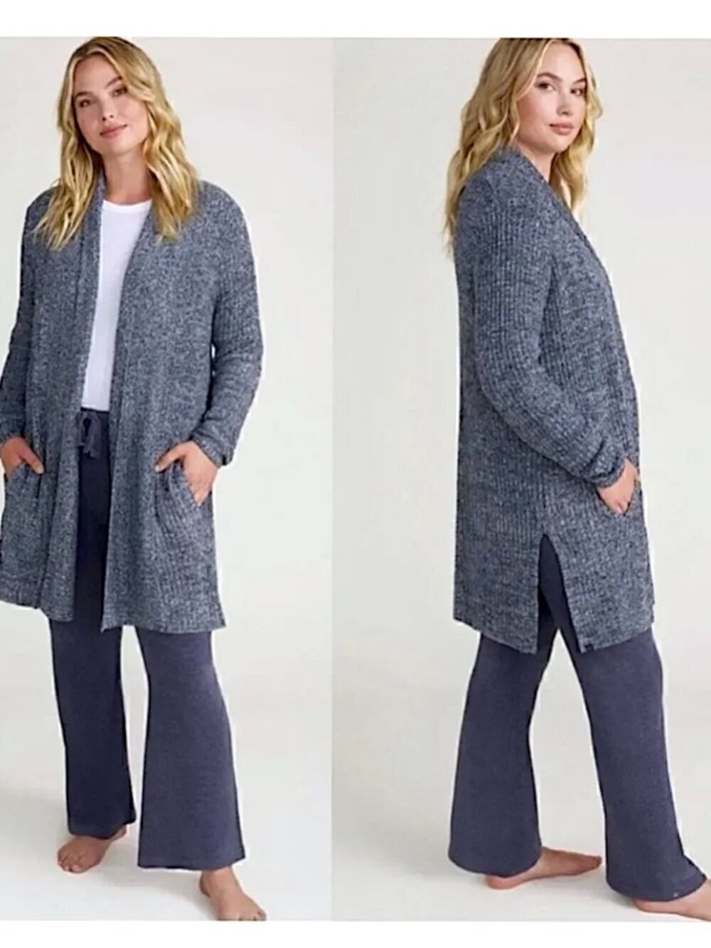 Barefoot Dreams CozyChic Lite Montecito Ribbed Knit Cardigan Sweater Indigo Sz M